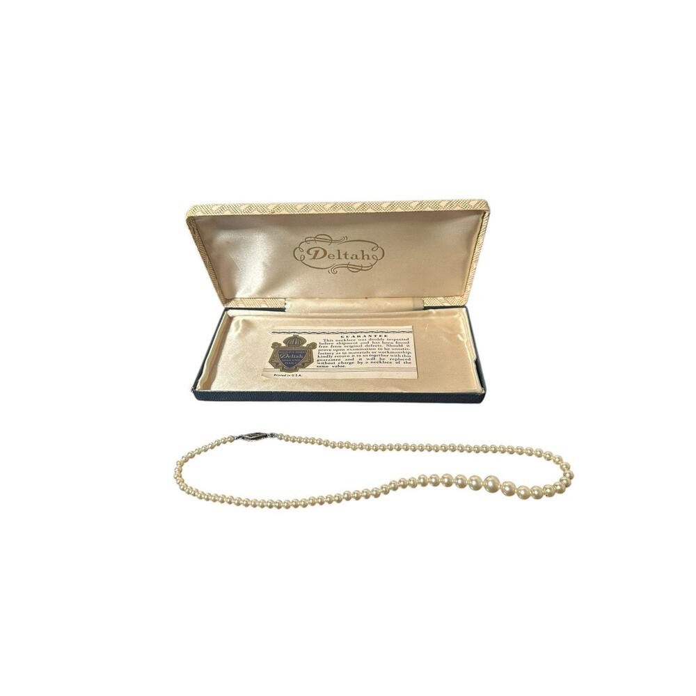 vintage Deltah simulated pearl necklace in its original box.